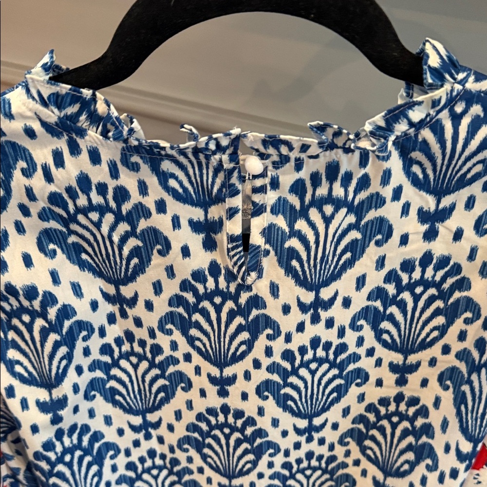 Blue and White Printed Puff-Sleeve Women's Top - Picture 2 of 2